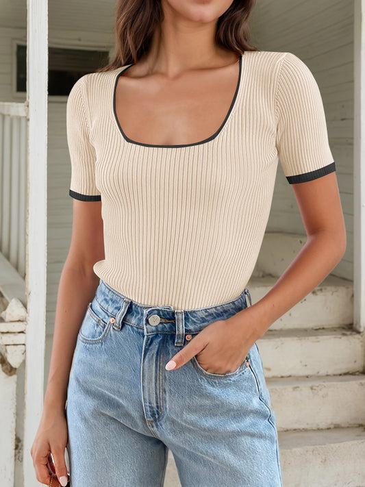 Women's short -sleeved square collar -colored slim tattoos knit knitted basic T -shirt