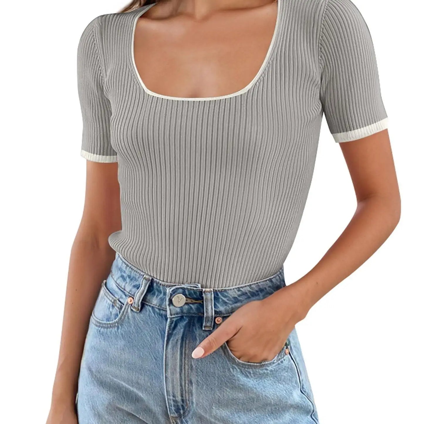 Women's short -sleeved square collar -colored slim tattoos knit knitted basic T -shirt