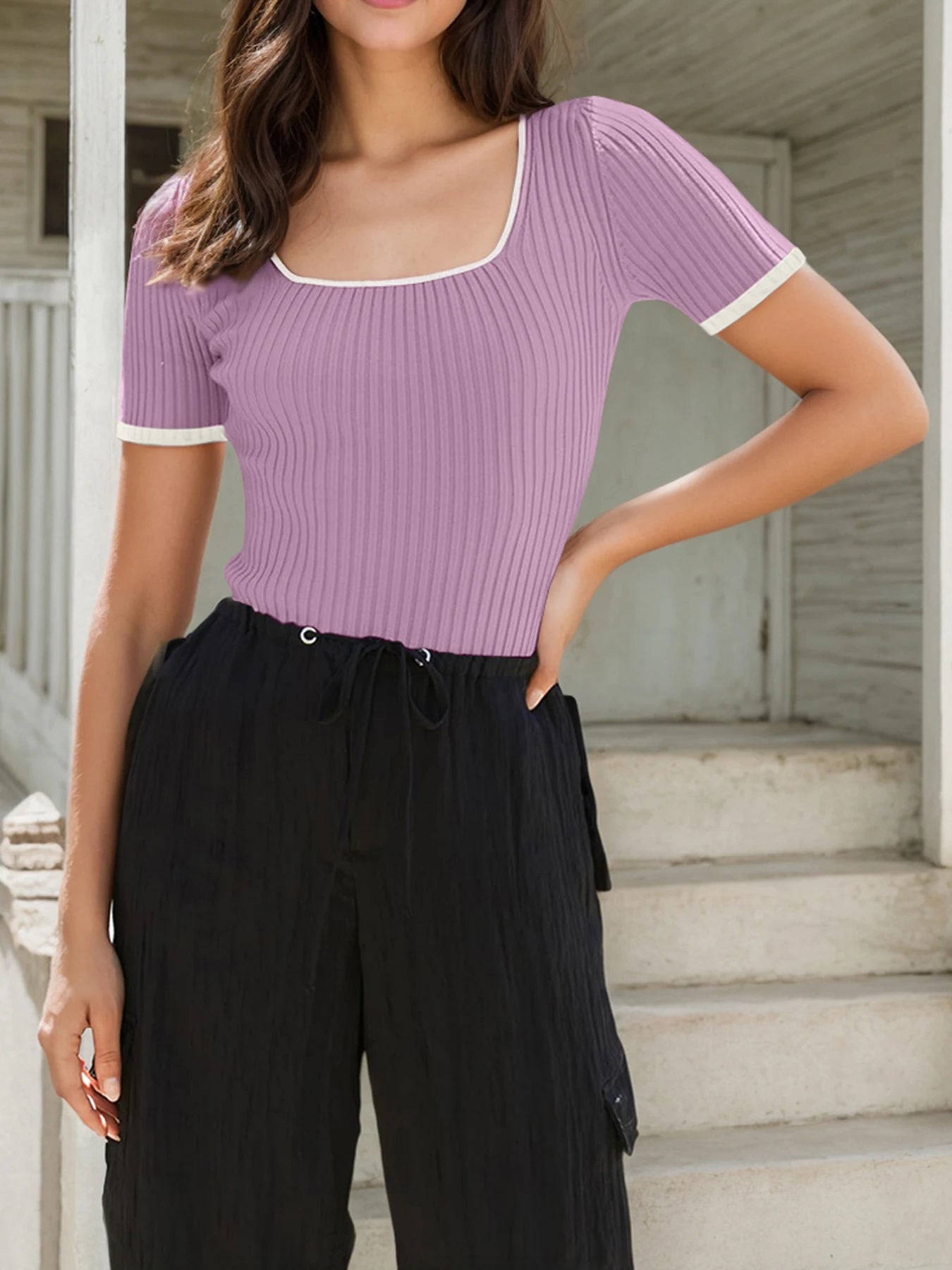Women's short -sleeved square collar -colored slim tattoos knit knitted basic T -shirt