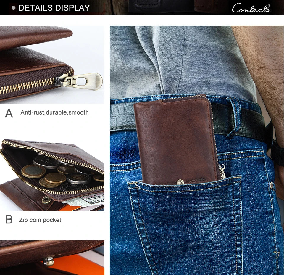 CONTACT'S Genuine Leather Mini Wallets for Men Vintage Card Holder Coin Purse Money Clip Name Engrave Customize Wallet DIY Gift