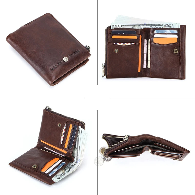 CONTACT'S Genuine Leather Mini Wallets for Men Vintage Card Holder Coin Purse Money Clip Name Engrave Customize Wallet DIY Gift