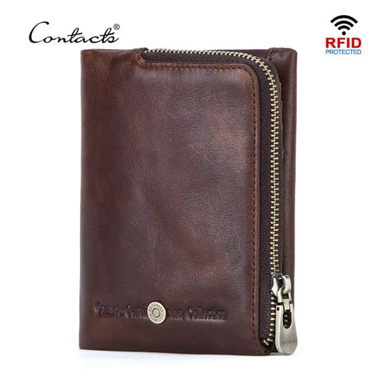 CONTACT'S Genuine Leather Mini Wallets for Men Vintage Card Holder Coin Purse Money Clip Name Engrave Customize Wallet DIY Gift