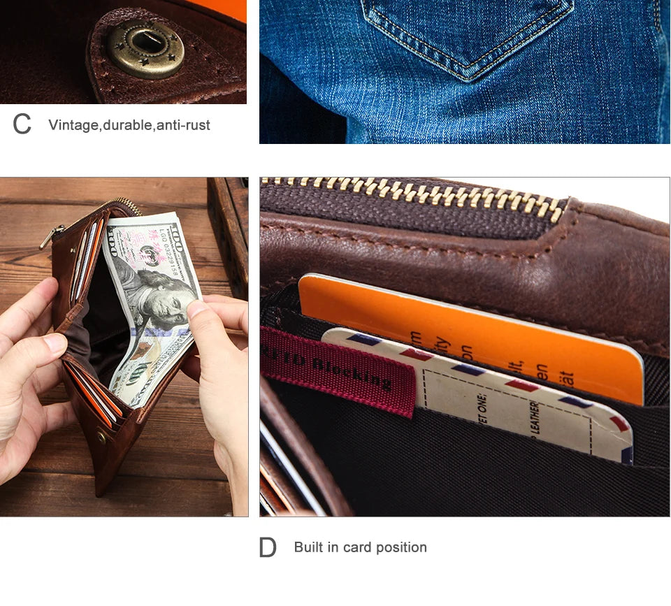 CONTACT'S Genuine Leather Mini Wallets for Men Vintage Card Holder Coin Purse Money Clip Name Engrave Customize Wallet DIY Gift