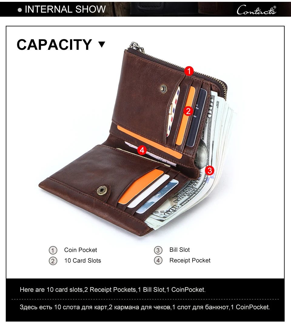 CONTACT'S Genuine Leather Mini Wallets for Men Vintage Card Holder Coin Purse Money Clip Name Engrave Customize Wallet DIY Gift
