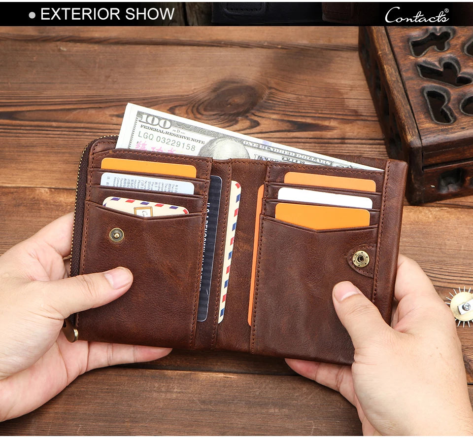 CONTACT'S Genuine Leather Mini Wallets for Men Vintage Card Holder Coin Purse Money Clip Name Engrave Customize Wallet DIY Gift