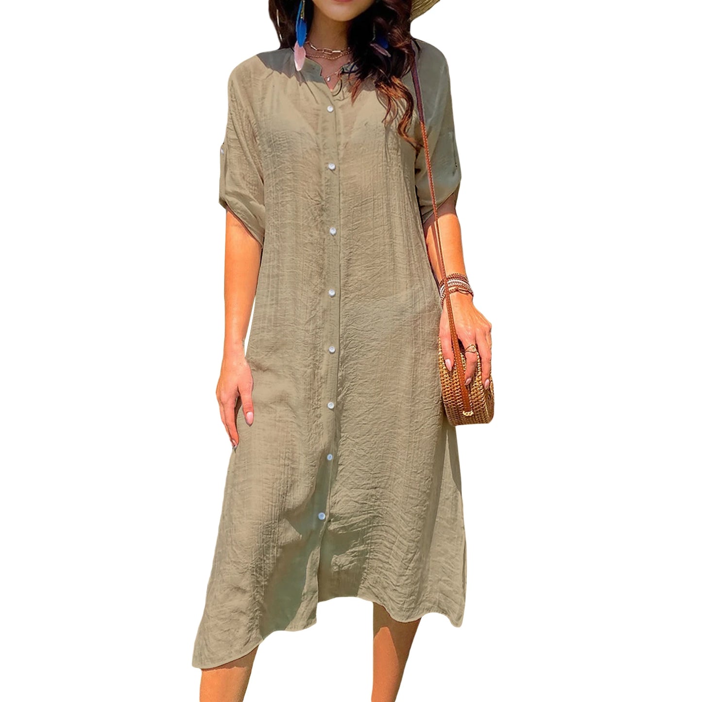 Women Loose Bikini Cover Up Solid Color Long Sleeve Button Down Shirt Cardigan Smock for Summer Swimsuit