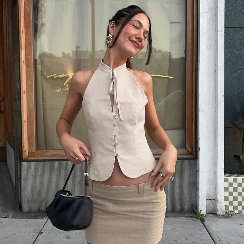 Candyhot Retro Sleeveless Button O Neck Lace Up Backless Tank Top Y2K Summer Fashion Sweet Daily Outdoor All Match Vest