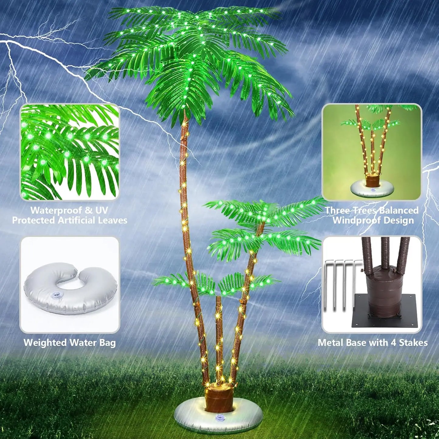 Outdoor terrace with solar powered lighting for palm trees