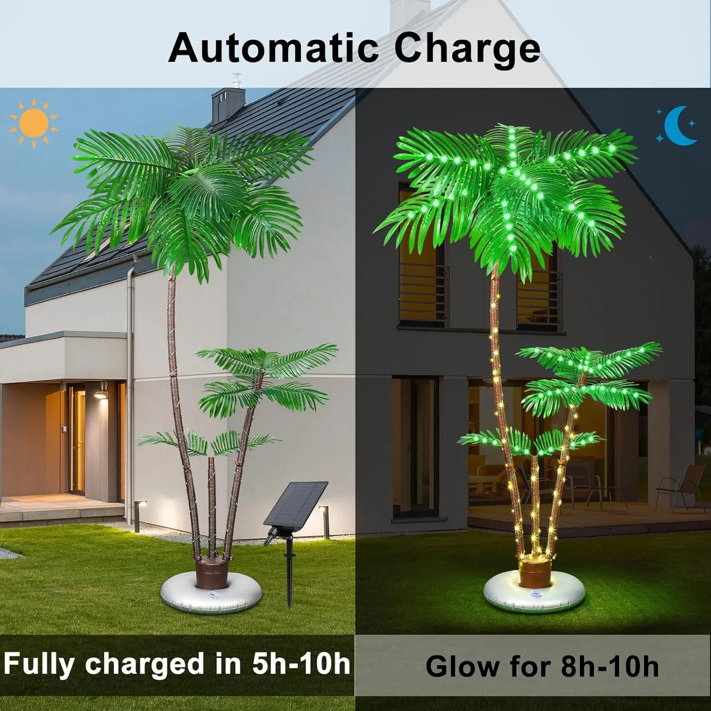 Outdoor terrace with solar powered lighting for palm trees