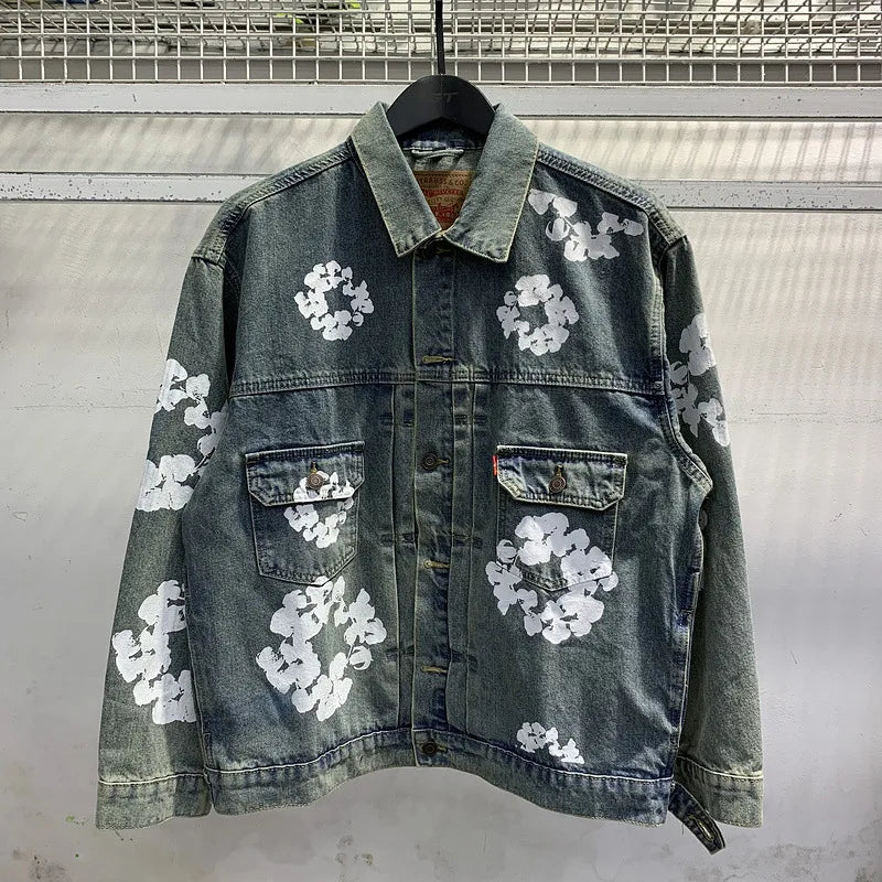 European and American high street cotton print denim jacket trendy brand hiphop explosive street pants loose retro  jacket