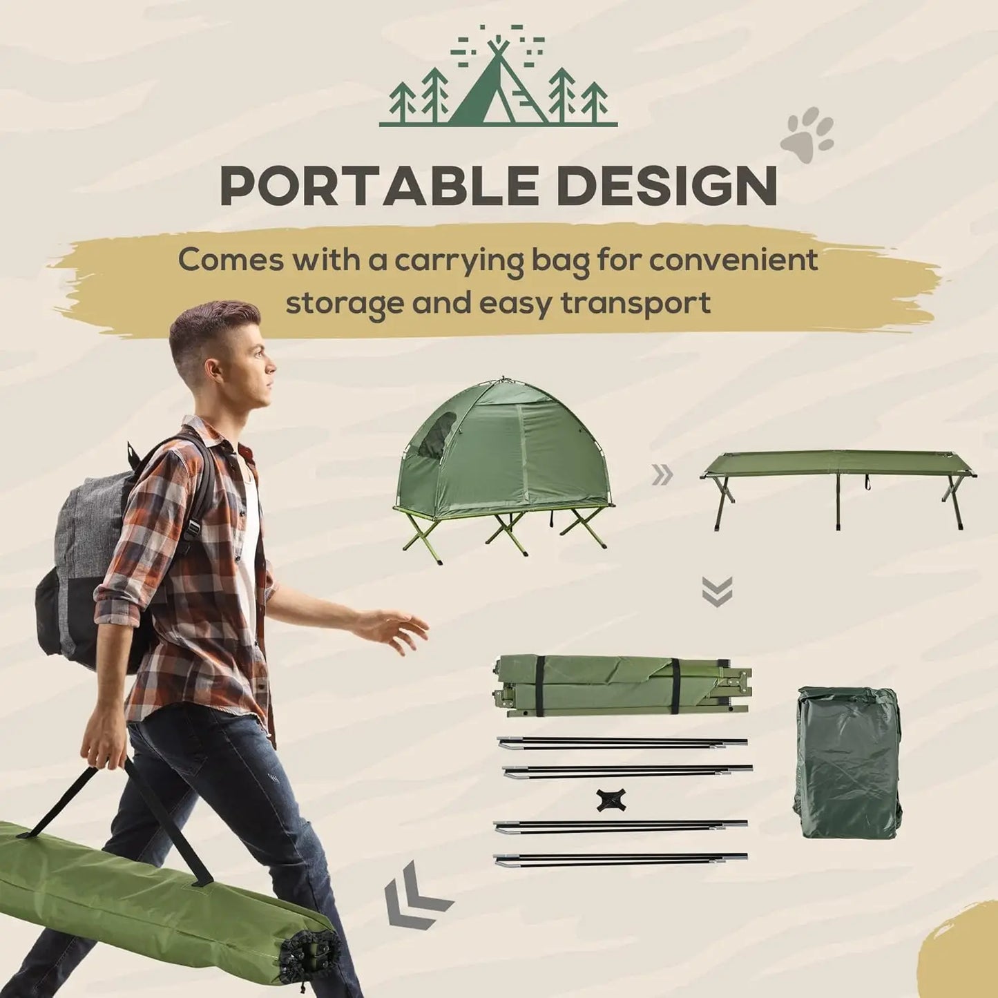 Camping Tent Cot, Single Person Folding Cot Combo, Off-Ground Tent, Covered Outdoor Bed With Carry Bag For Hiking, Camping