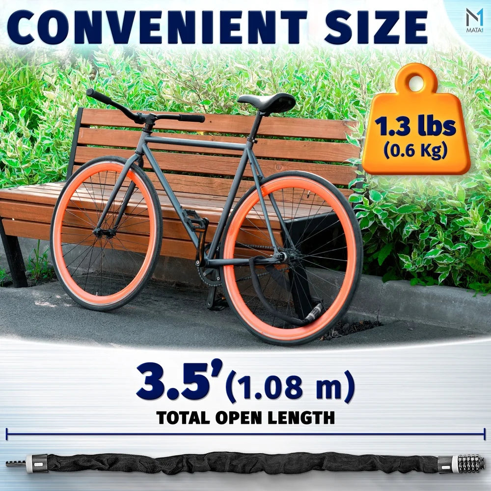 Bike Chain Lock Anti-Theft 5-Digit Combination Code Heavy-Duty Cable Scooter Stroller Security Lock Easy Use Durable Protection