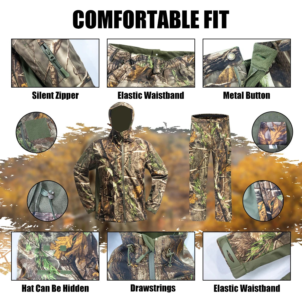 Multifunctional Hunting Clothes Fleece Lining Safety Strap Water Resistant Silent Hunting Jacket and Pants