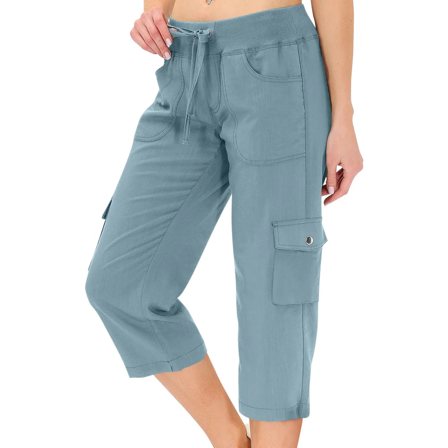 Hip Hop Street Popular Trousers For Female Cargo Capris Hiking Pants Drawstring Elastic Rised Summer Pant Soild Ladies Slacks