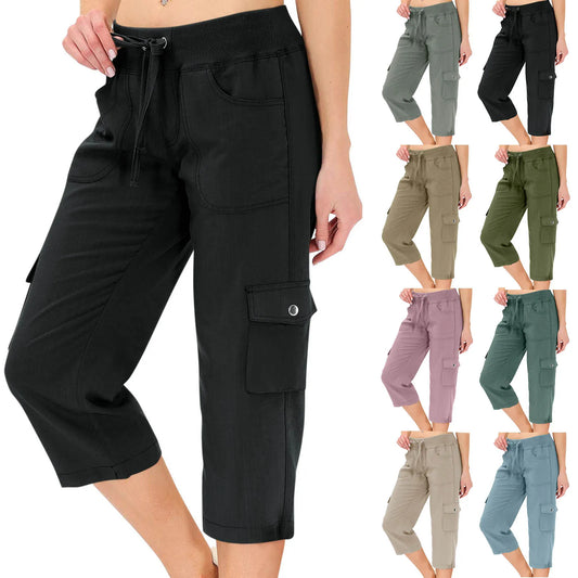 Hip Hop Street Popular Trousers For Female Cargo Capris Hiking Pants Drawstring Elastic Rised Summer Pant Soild Ladies Slacks