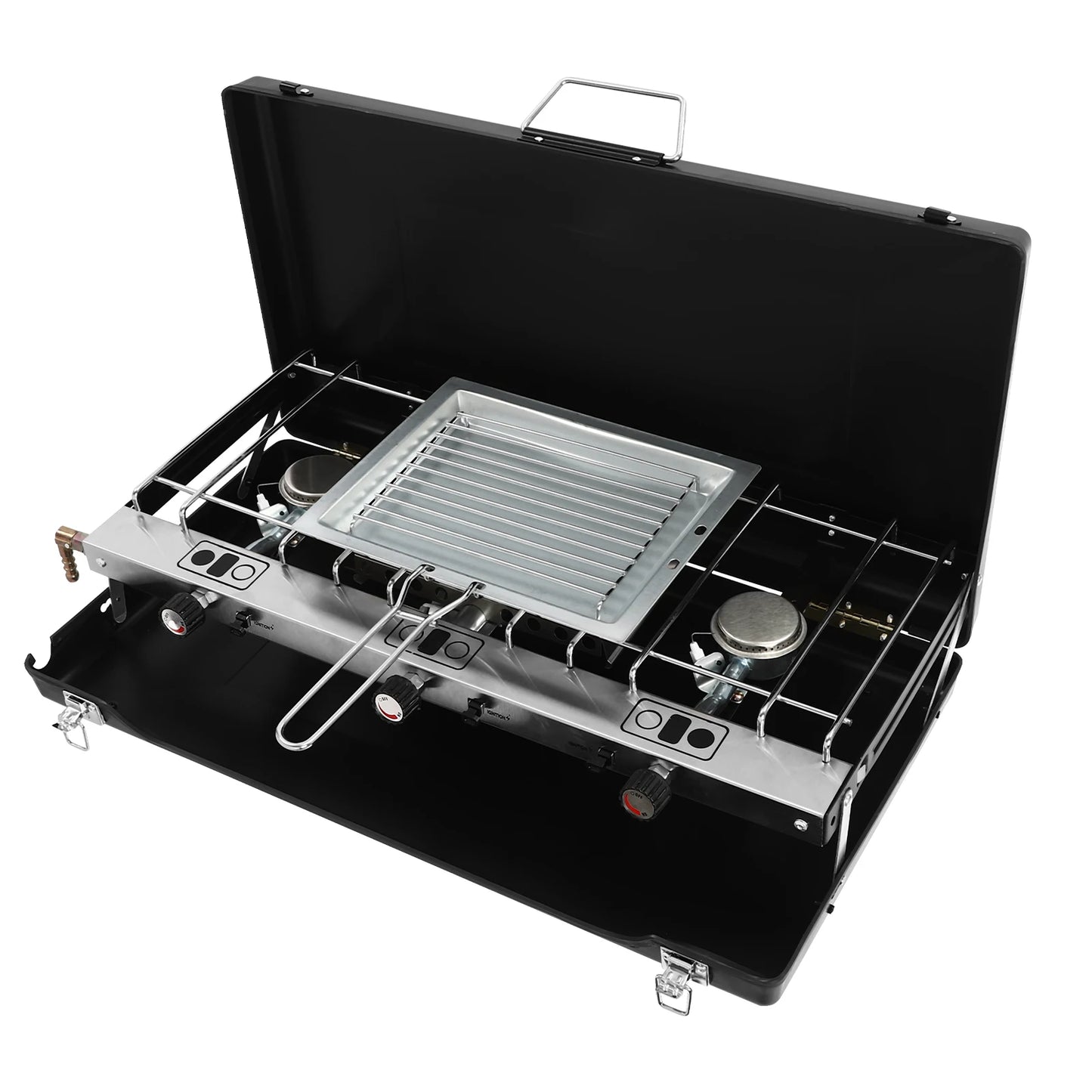 Portable Camping Stove, Gas Camping Stove with 3 Burners, Folding BBQ Grill, Push-Button Instant Ignition, for Outdoor Cooking