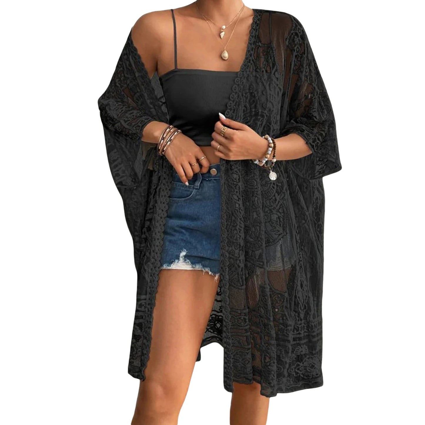 Women s Floral Lace Kimono Cardigan with 3 4 Sleeves and Open Front Sheer Mesh Crochet Bikini Cover-Up