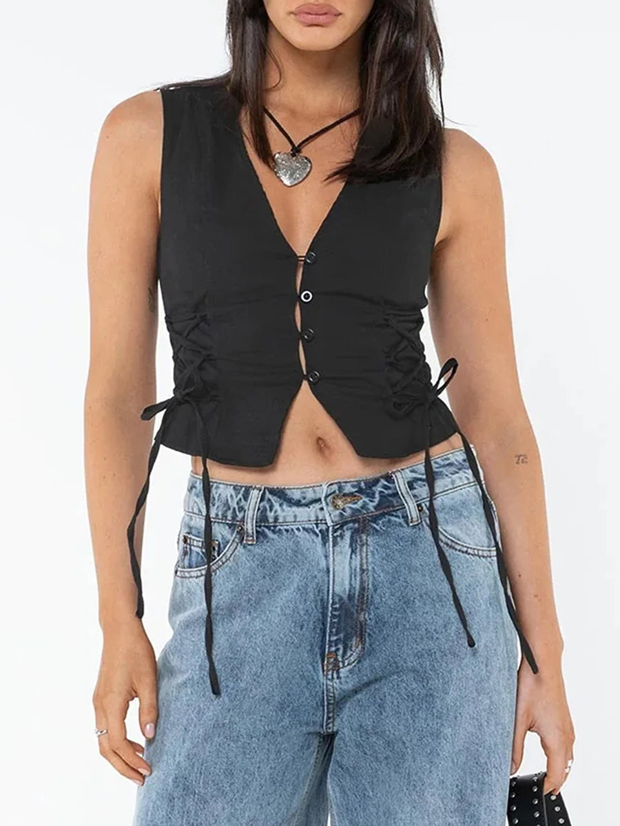 Women Summer Tank Tops Solid Color Front Button Vest Side Cross Tie Up Waistcoat Streetwear