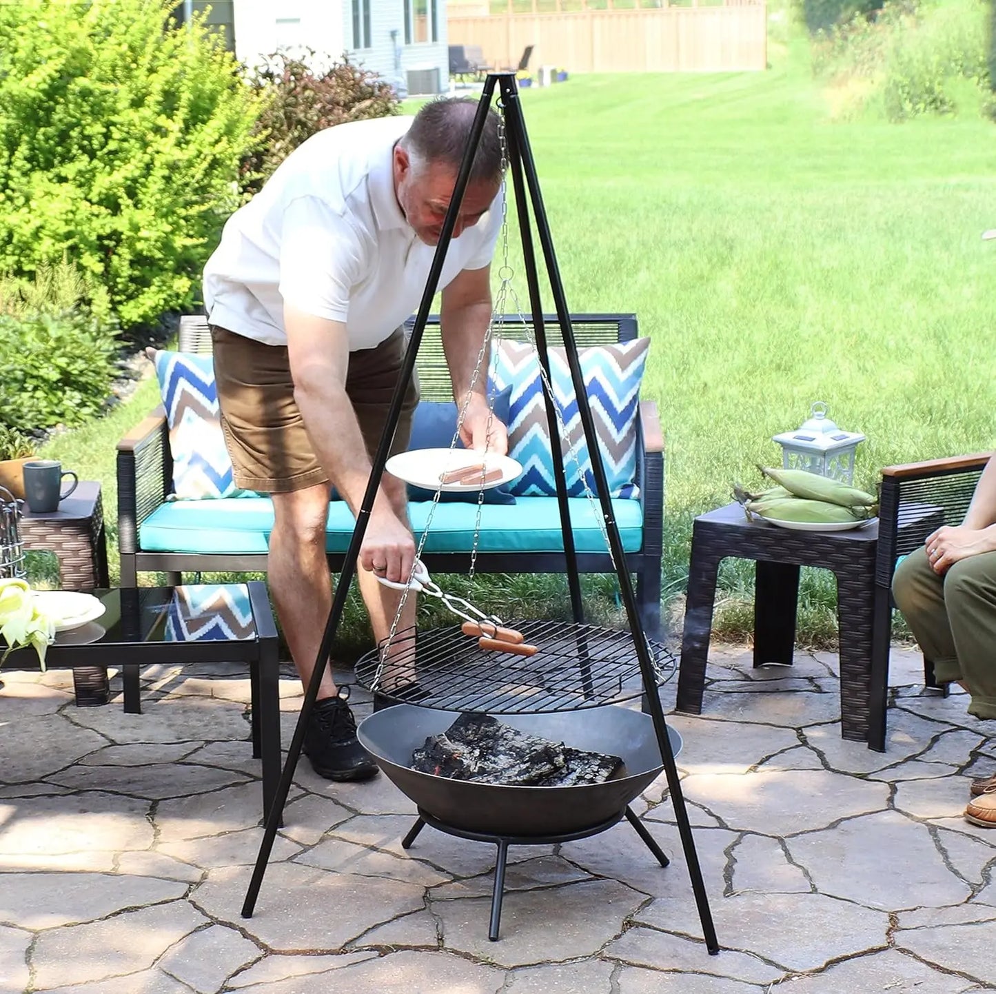 Outdoor Fire Pit Tripod Cooking Grill System - Black Steel Grate and Legs - 22-Inch