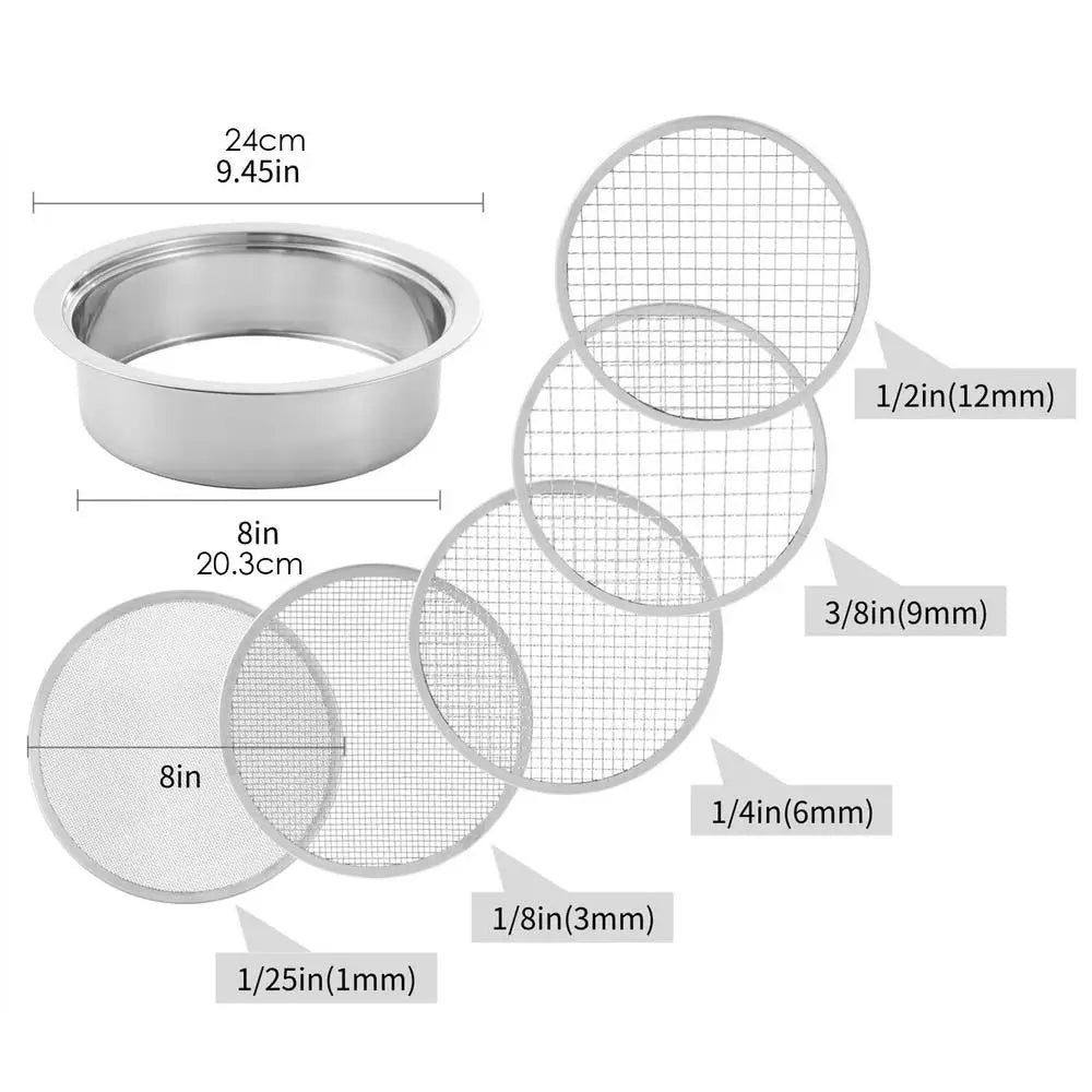 Dirt Sifter Garden Sieve Stainless Steel Pellet Sifter 5 Mesh Screens 1/3/6/9/12mm