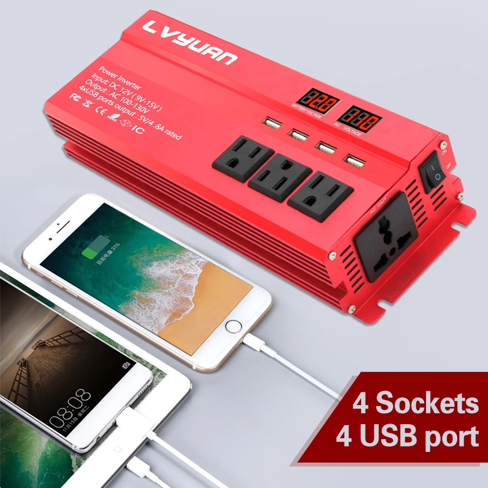 12V To 220V 5000W 6000W Power Inverter LED Display US Socket Solar Inverter Dual USB Fast Charging for Phone Laptops Car