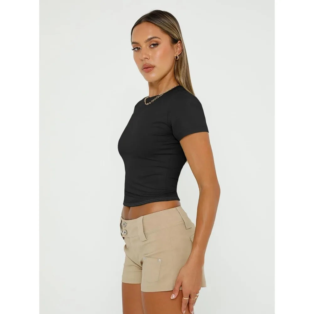 Womens Basic T Shirts Summer Outfits 2025 Scoop Neck Short Sleeve Crop Tops Slim Fit Tees Clothing
