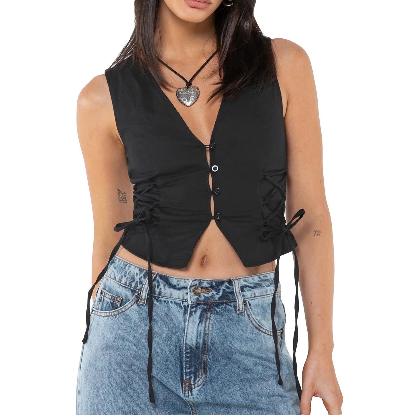 Women Summer Tank Tops Solid Color Front Button Vest Side Cross Tie Up Waistcoat Streetwear