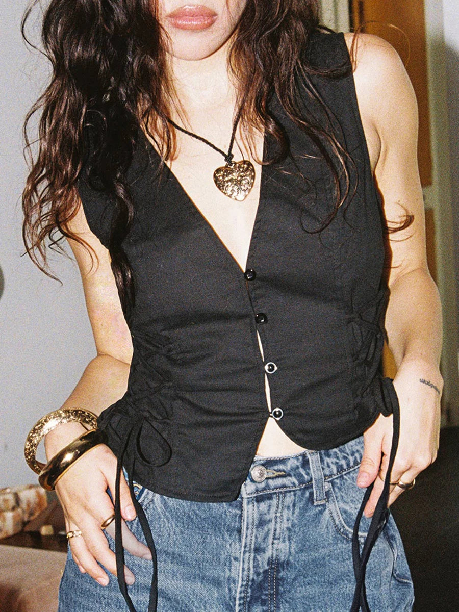 Women Summer Tank Tops Solid Color Front Button Vest Side Cross Tie Up Waistcoat Streetwear
