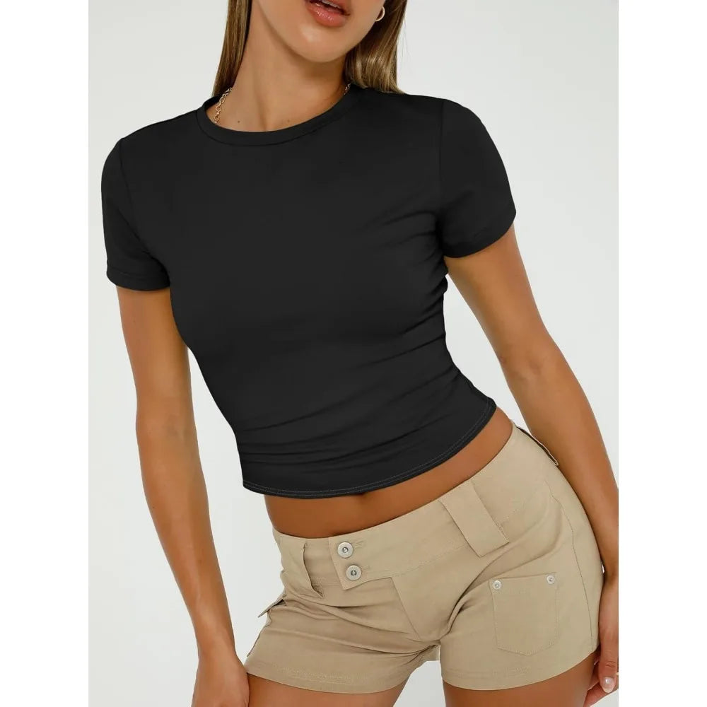 Womens Basic T Shirts Summer Outfits 2025 Scoop Neck Short Sleeve Crop Tops Slim Fit Tees Clothing