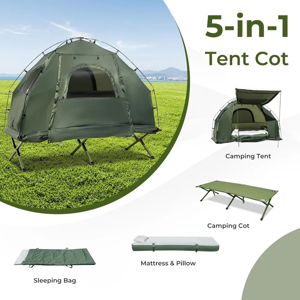 Camping Tent Cot, 5 in 1 Off Ground Elevated Tent with Air Mattress, Sleeping Bag & Pillow, Folding Camping Cot Combo with Carr
