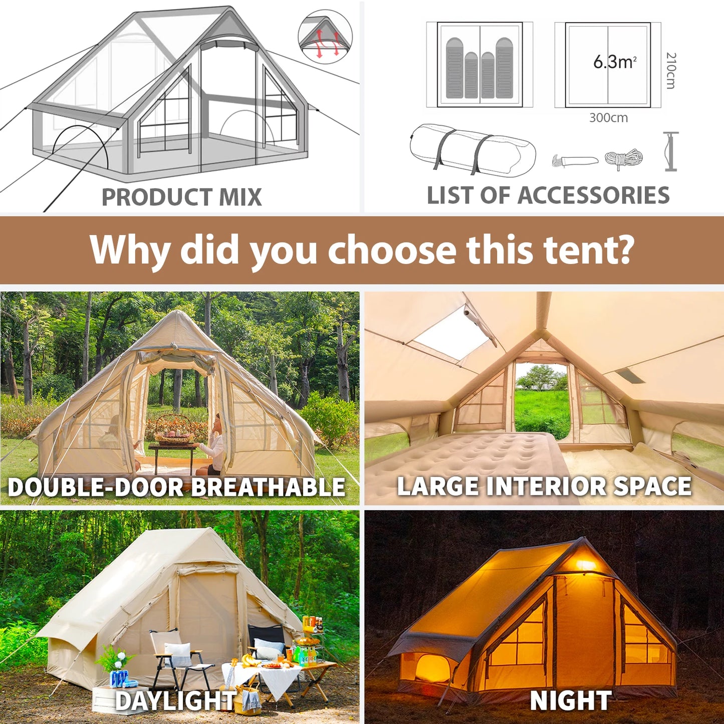 Inflatable Camping Tent 4-6 People Inflatable Tents For Camping, 67.81 Square Feets Inflatable Tent With Stove Jack,Glamping Ten