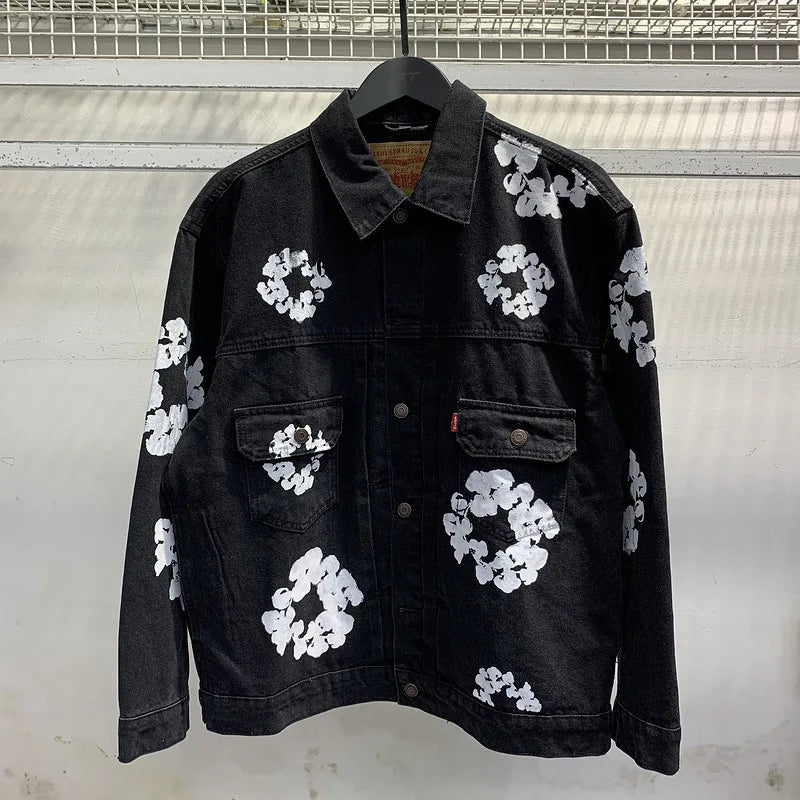 European and American high street cotton print denim jacket trendy brand hiphop explosive street pants loose retro  jacket