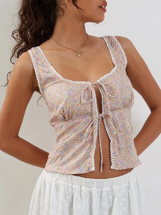 Women s Boho Style Halter Neck Sleeveless Floral Print Tie Front Crop Top Summer Fashion Cami Tank Tops