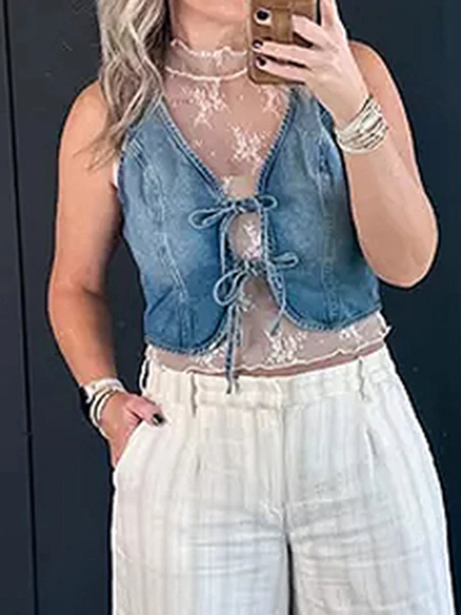 Sleeveless Denim Vest with Tie-up Front and Frayed Hem Women s Summer Jean Jacket Tank Top Casual Outerwear