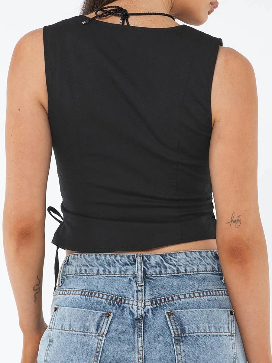 Women Summer Tank Tops Solid Color Front Button Vest Side Cross Tie Up Waistcoat Streetwear