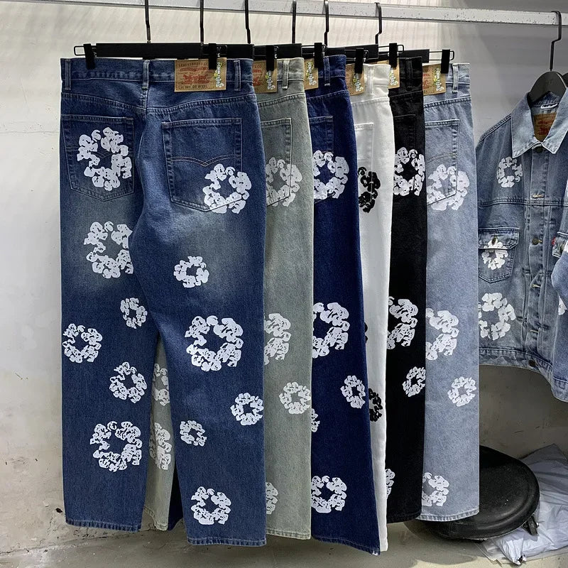 European and American high street cotton print denim jacket trendy brand hiphop explosive street pants loose retro  jacket
