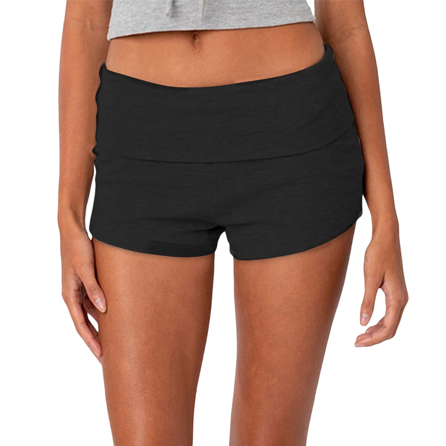Summer Slim Yoga Shorts for Women Casual Solid Color Fold Over Low Waist Lounge Shorts