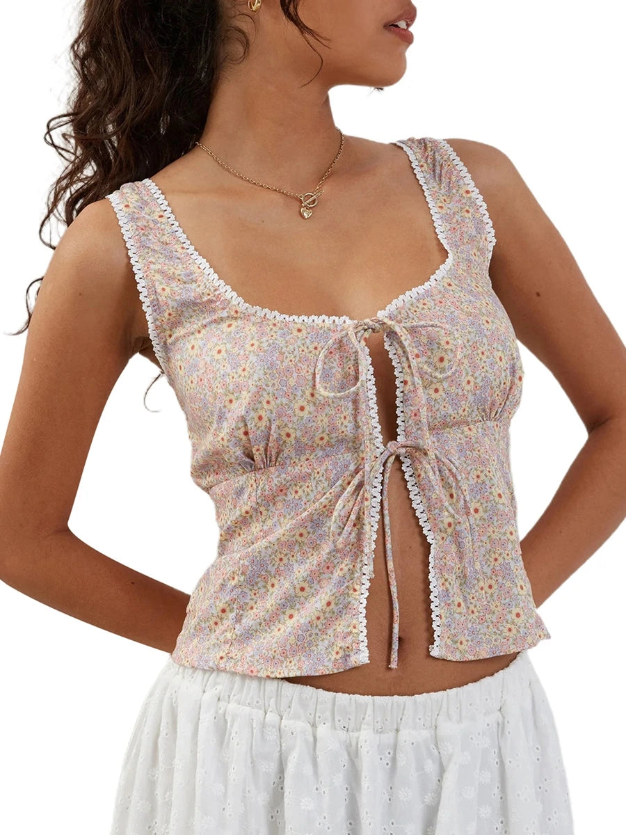 Women s Boho Style Halter Neck Sleeveless Floral Print Tie Front Crop Top Summer Fashion Cami Tank Tops