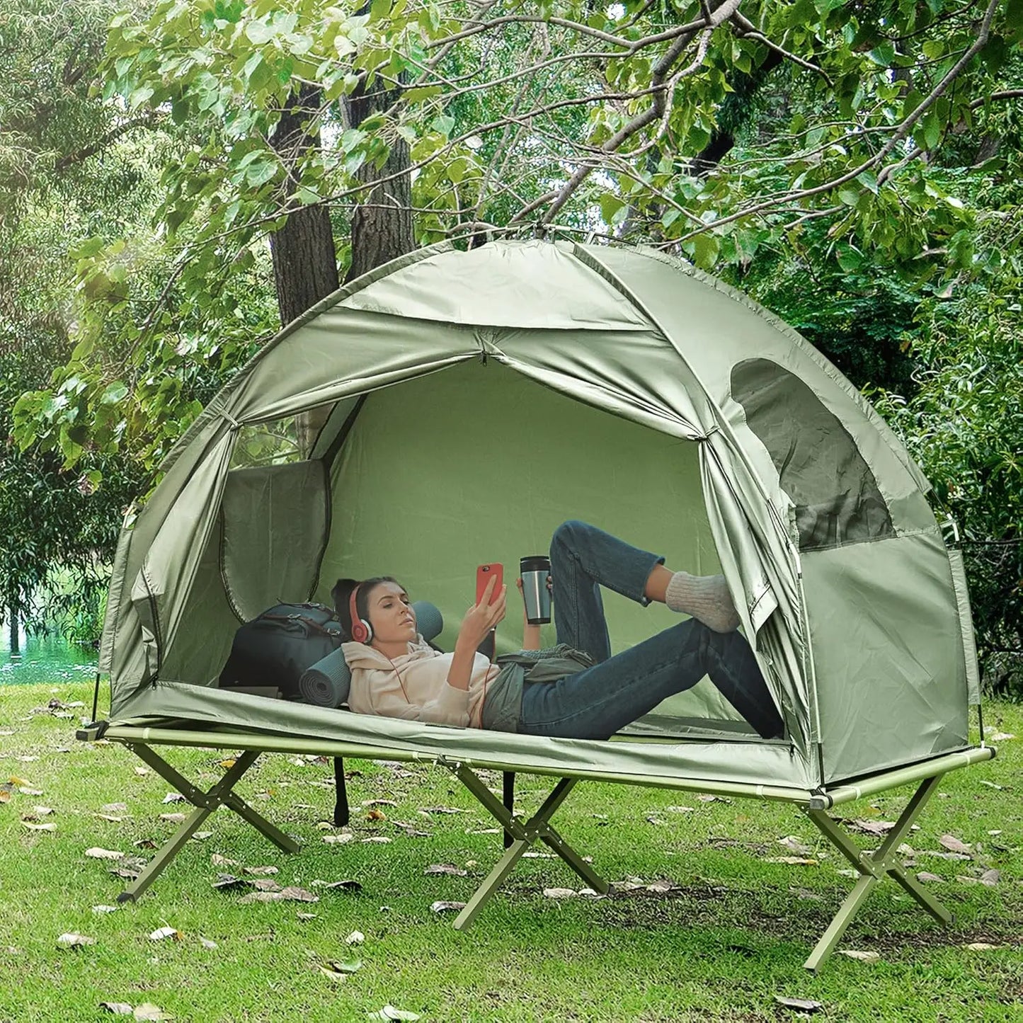 Camping Tent Cot, Single Person Folding Cot Combo, Off-Ground Tent, Covered Outdoor Bed With Carry Bag For Hiking, Camping