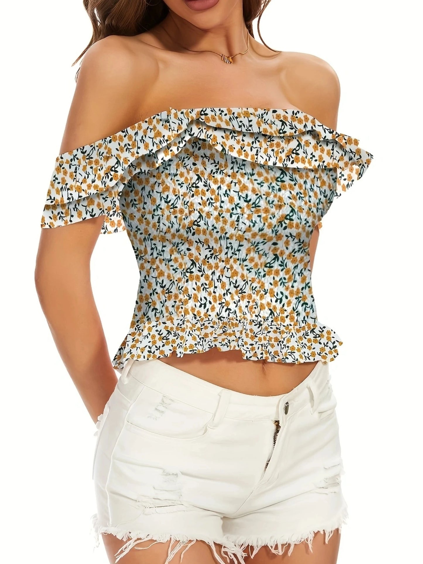 Summer Korean Sexy Off-shoulder Slash Neck Ruffles Short Sleeved Chiffon Women's Blouses Sweet Casual Floral Printing Crop Top