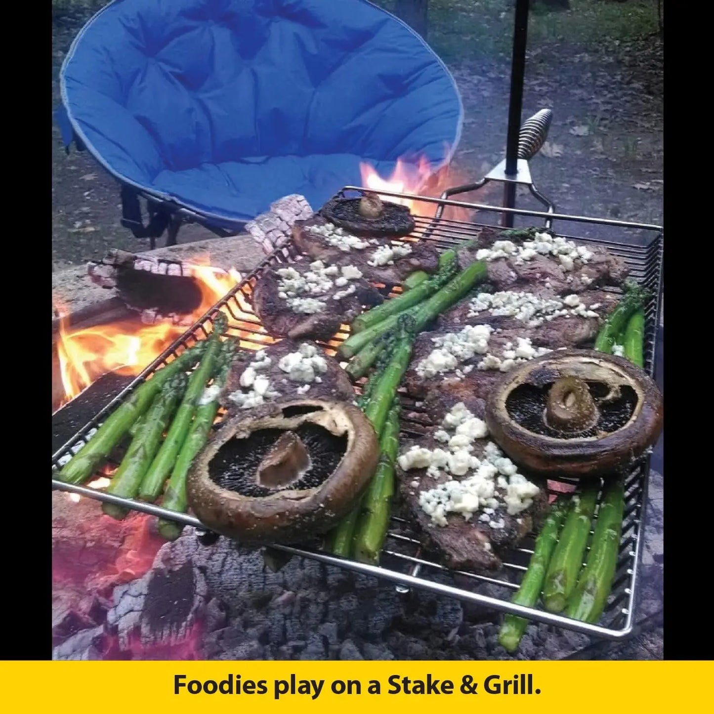 Stake & Grill, Camping Grill, Open Fire Cooking Equipment, Fire Pit Accessories, Campfire Grill Grate, 15"x22" w/ 36" Long Stake