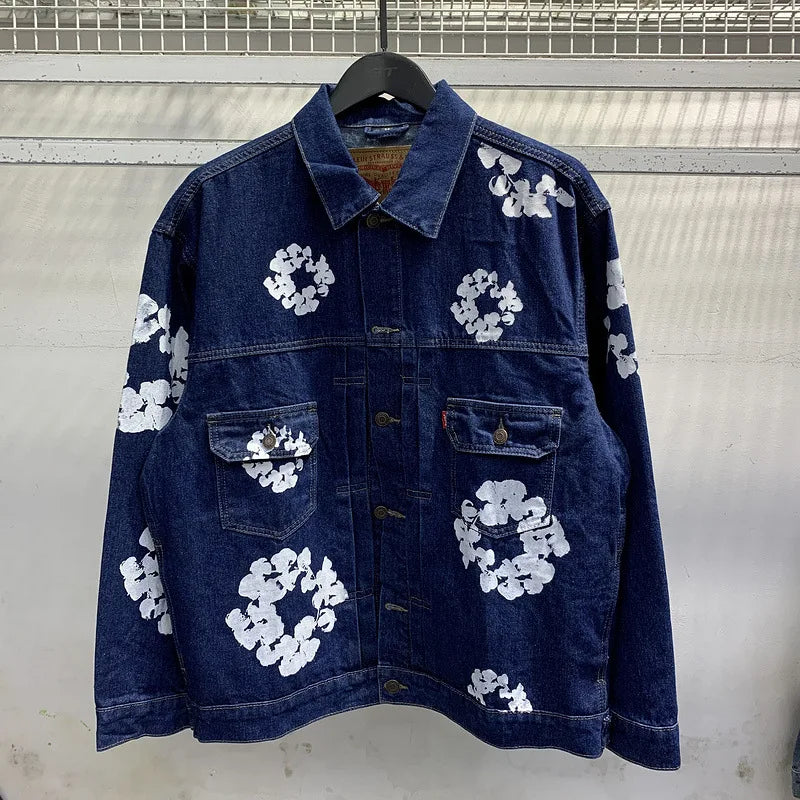 European and American high street cotton print denim jacket trendy brand hiphop explosive street pants loose retro  jacket