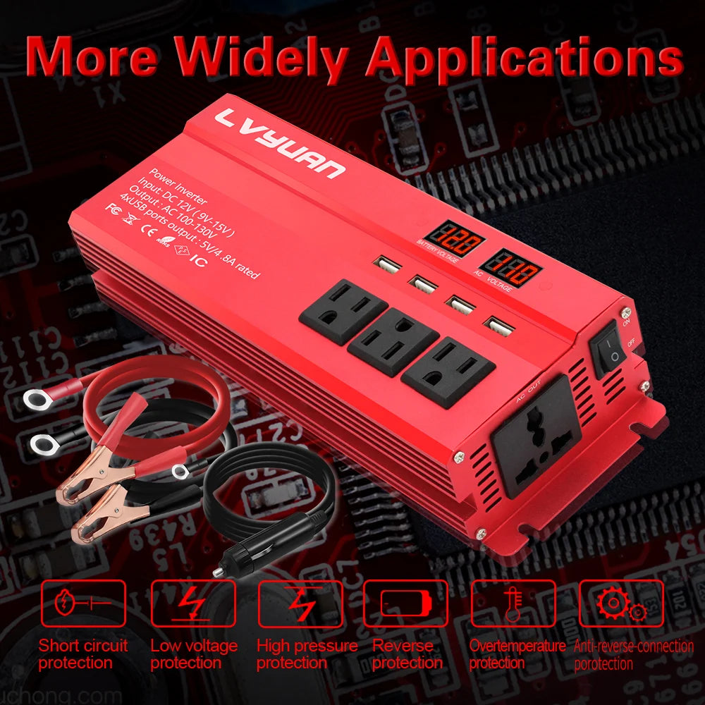 12V To 220V 5000W 6000W Power Inverter LED Display US Socket Solar Inverter Dual USB Fast Charging for Phone Laptops Car