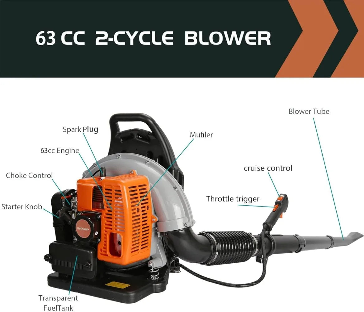 63CC 3HP 2 Stroke Backpack Gas Powered Leaf Blower, Grass Lawn Blower Air Cooling Gasoline Backpack