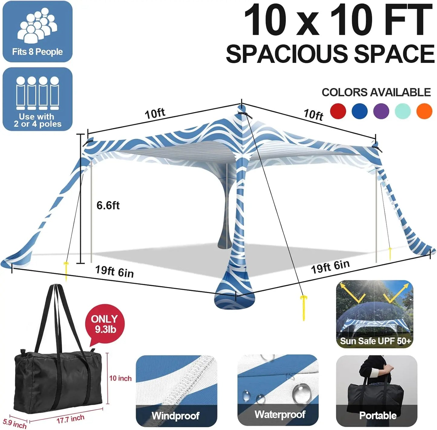 Sunshade tent UPF50+ with 4 foldable poles - portable carrying bag ground nails - windbreak rope for outdoor camping - picnic