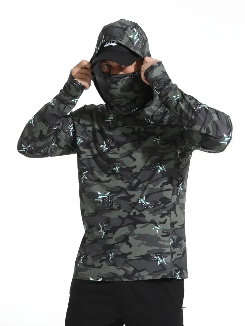 Fishing Shirt Hooded Men Fishing Clothes Outdoor Summer Mask Hoodie Sun Uv Protection