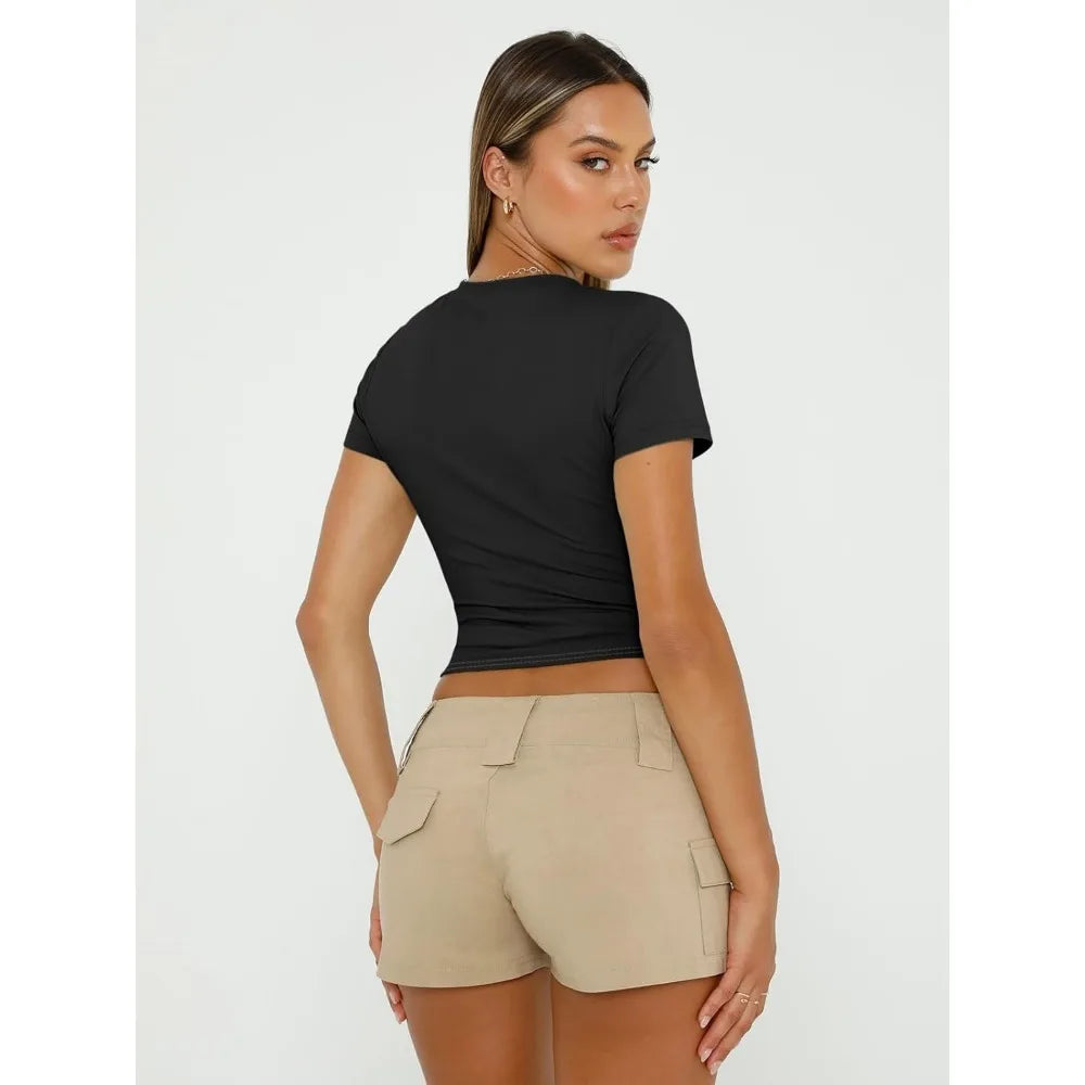 Womens Basic T Shirts Summer Outfits 2025 Scoop Neck Short Sleeve Crop Tops Slim Fit Tees Clothing