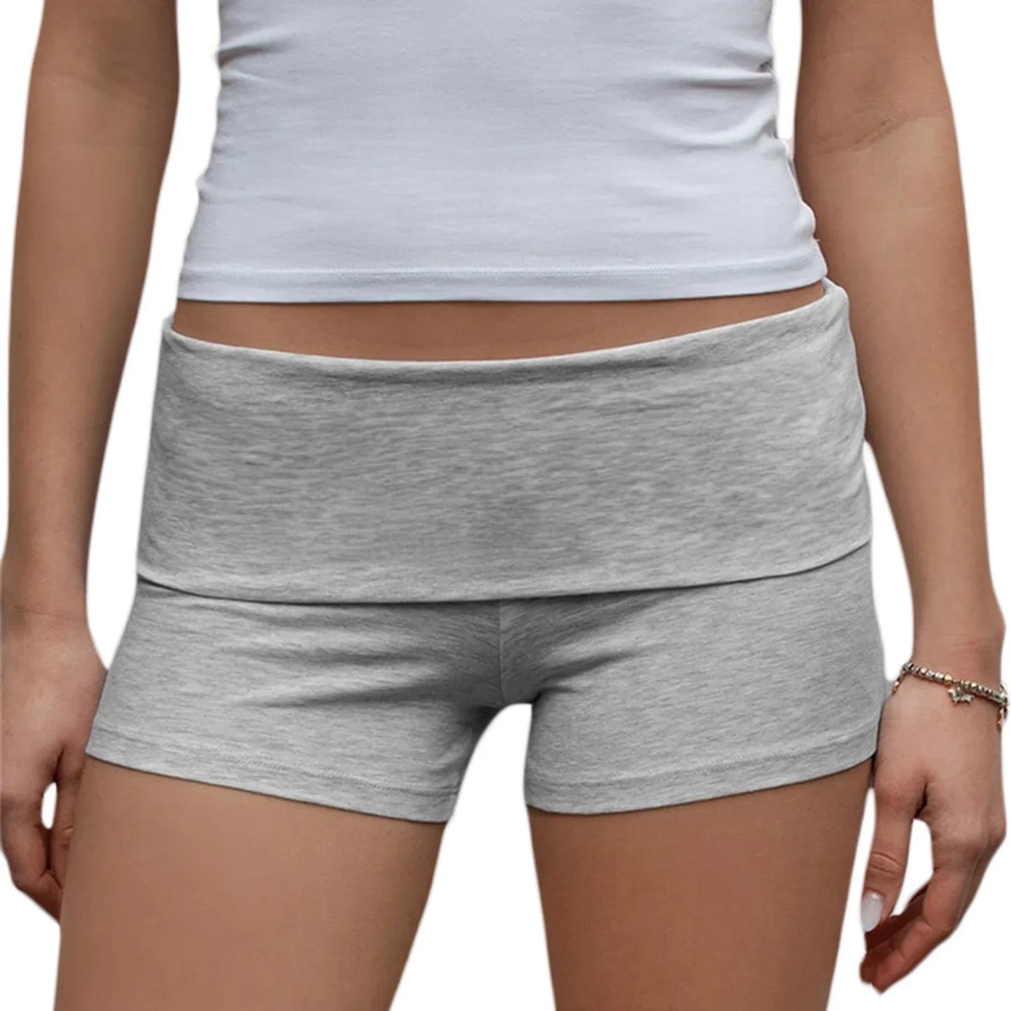 Summer Slim Yoga Shorts for Women Casual Solid Color Fold Over Low Waist Lounge Shorts