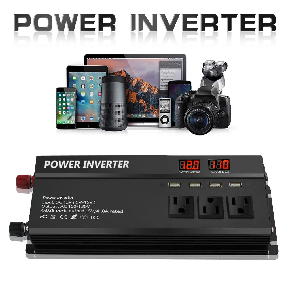 12V To 220V 5000W 6000W Power Inverter LED Display US Socket Solar Inverter Dual USB Fast Charging for Phone Laptops Car