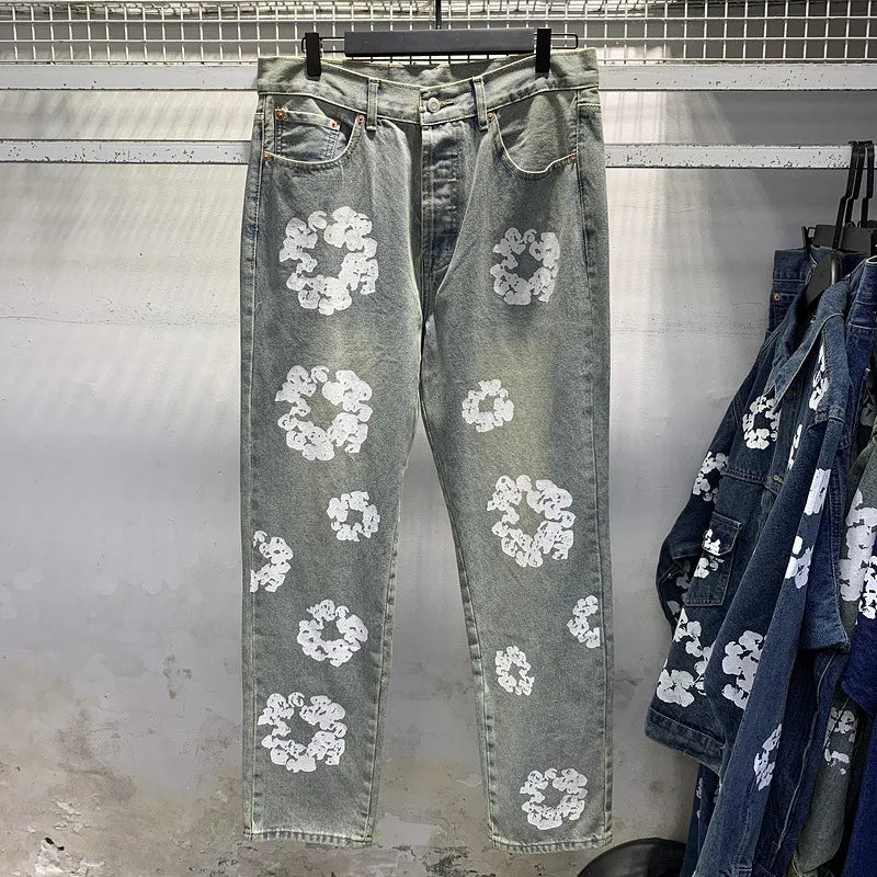 European and American high street cotton print denim jacket trendy brand hiphop explosive street pants loose retro  jacket